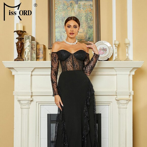 Off shoulder lace ruffle evening dress - Picture 1 of 4